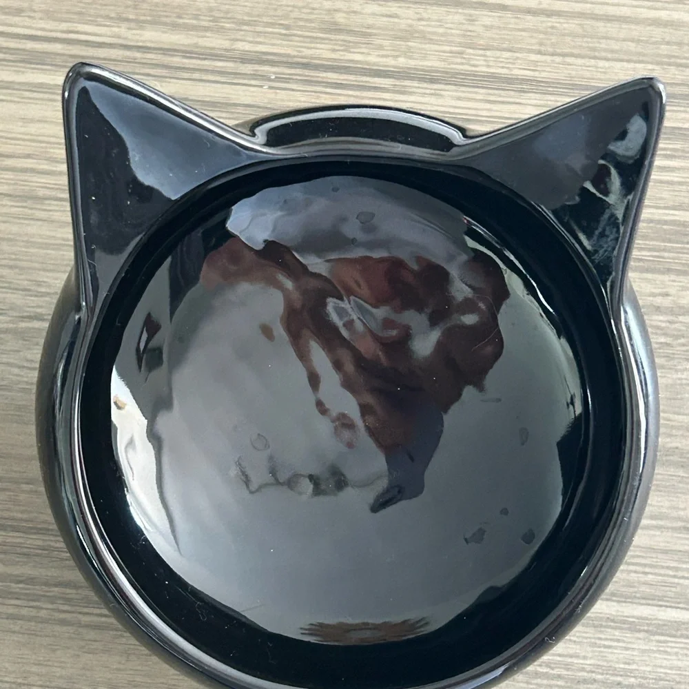 Raised Tilted Ceramic Cat Food Water Bowl 1 Black & w/ Gold Paw Prints